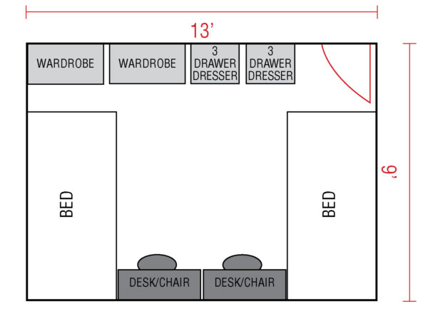 A floor plan of a Garbee Hall double room.
