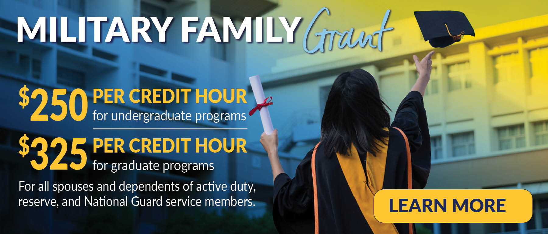 Military Family Grant Graphic 250 per credit hour for undergraduate programs and 325 for graduate